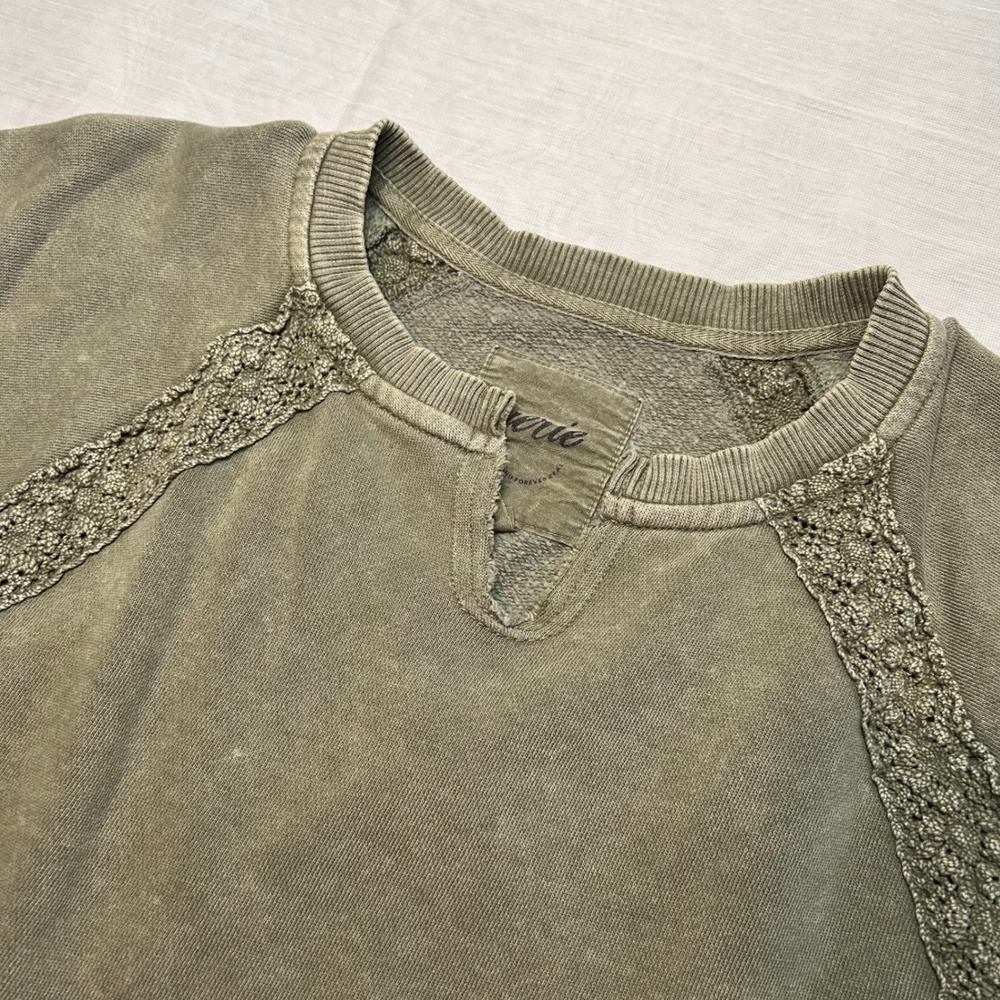 Aerie Sweatshirt Women Small Green Crochet Lace Trim Raglan Pullover Oversized
